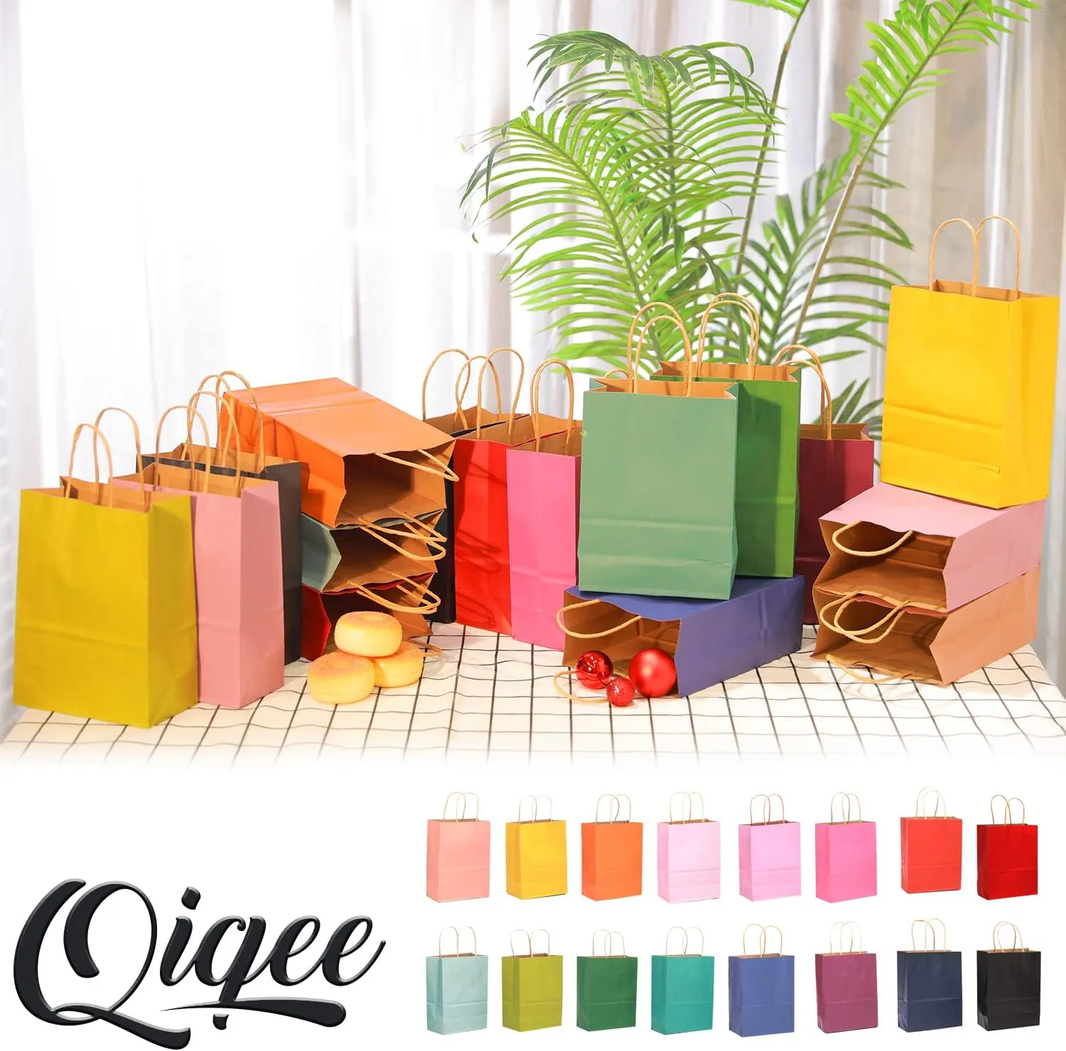 qiqee Large Kraft Paper Bags with Handles Bulk 13"x10"x5" 32-Packs Gift Bags 16 Different Senior Color Bags Multiple UsesLarge Size