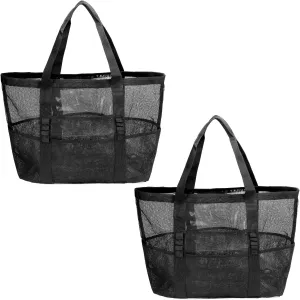 QWORK Mesh Beach Bag - Large 17"x15"x 7.8" with 8 Pockets, 2 Pack Lightweight & Foldable for Beach, Family Days, Shopping, Vacation