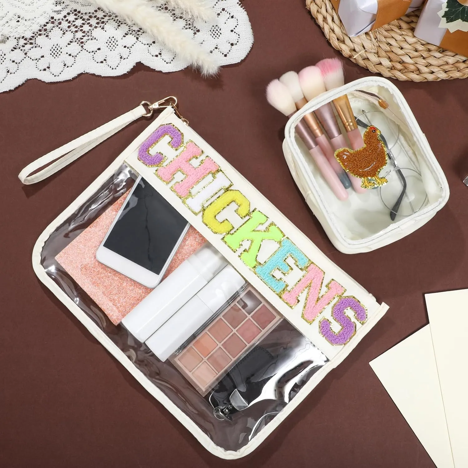 Reginary 2 Pack Gifts for Chenille Patch Letter Clear Makeup Bag Lover Valentine Funny Birthday Gifts Waterproof Travel Bags for Women Cosmetic Bag for Friend Family Sister BFF