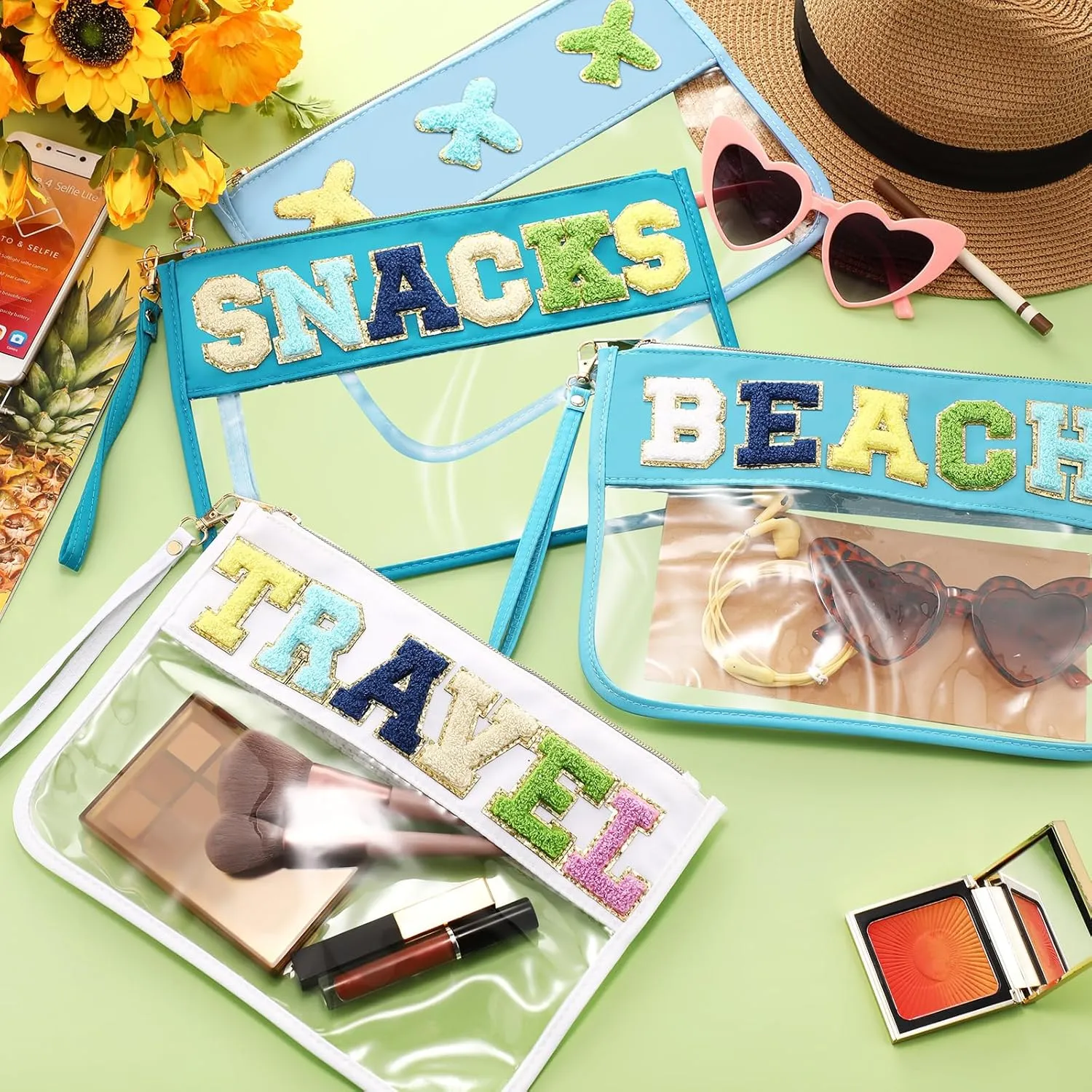 Remerry 4 Pack Chenille Letter Bag Clear Monogram Cosmetic Makeup Bag Travel Snack Beach Stuff Patch Pouch Preppy Gifts for Women Girls