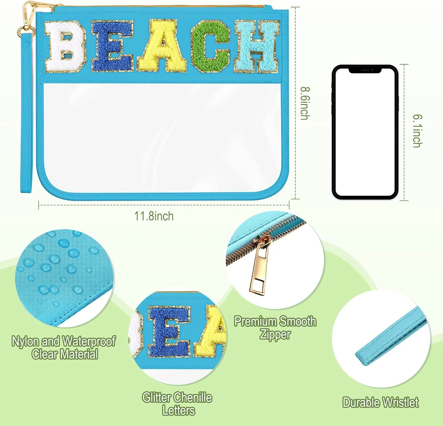Remerry 4 Pack Chenille Letter Bag Clear Monogram Cosmetic Makeup Bag Travel Snack Beach Stuff Patch Pouch Preppy Gifts for Women Girls