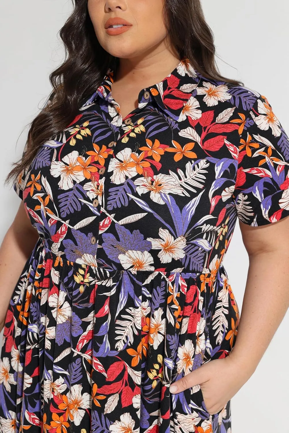 RITERA Plus Size Short Sleeve Dress for Curvy Women Button Up Floral Flowy Summer Casual Maxi Dresses with Pockets XL-5XL
