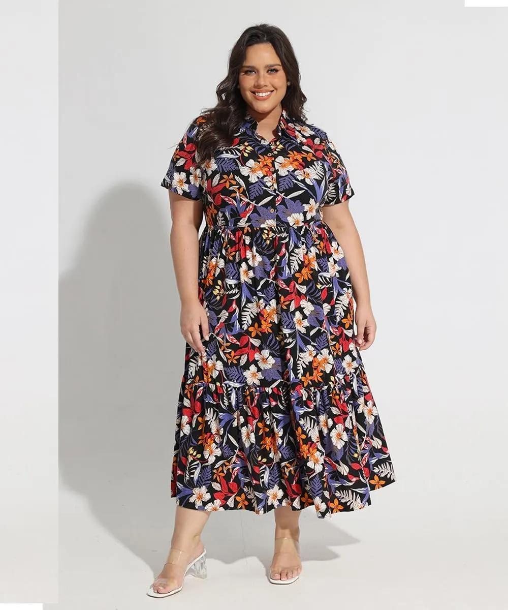 RITERA Plus Size Short Sleeve Dress for Curvy Women Button Up Floral Flowy Summer Casual Maxi Dresses with Pockets XL-5XL