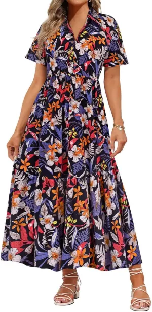 RITERA Plus Size Short Sleeve Dress for Curvy Women Button Up Floral Flowy Summer Casual Maxi Dresses with Pockets XL-5XL