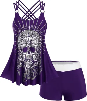 Rosegal Womens Plus Size Modest Skull Rose Print Rings Crisscross Boyshorts Tankini Swimsuit Set