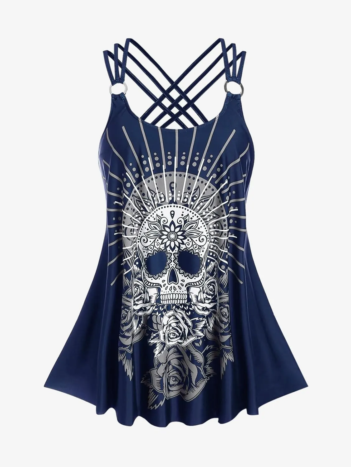 Rosegal Womens Plus Size Modest Skull Rose Print Rings Crisscross Boyshorts Tankini Swimsuit Set