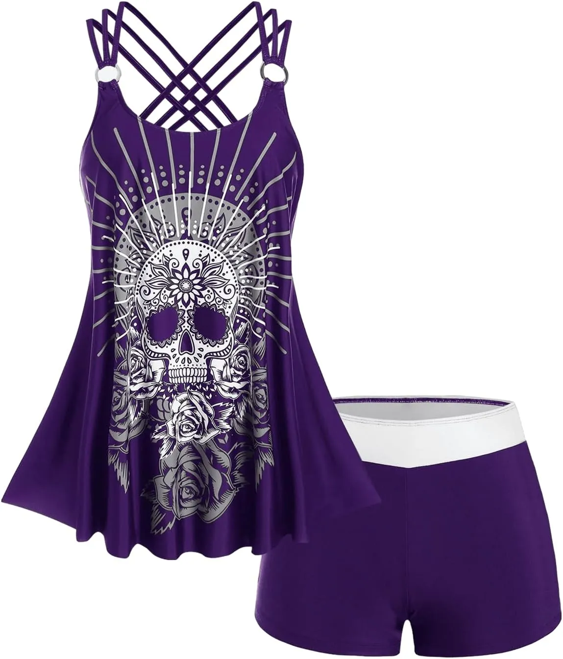 Rosegal Womens Plus Size Modest Skull Rose Print Rings Crisscross Boyshorts Tankini Swimsuit Set