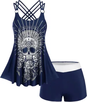 Rosegal Womens Plus Size Modest Skull Rose Print Rings Crisscross Boyshorts Tankini Swimsuit Set