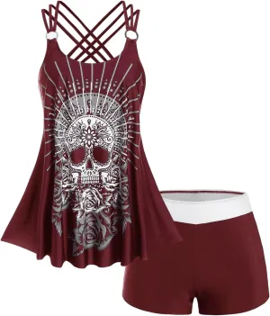 Rosegal Womens Plus Size Modest Skull Rose Print Rings Crisscross Boyshorts Tankini Swimsuit Set
