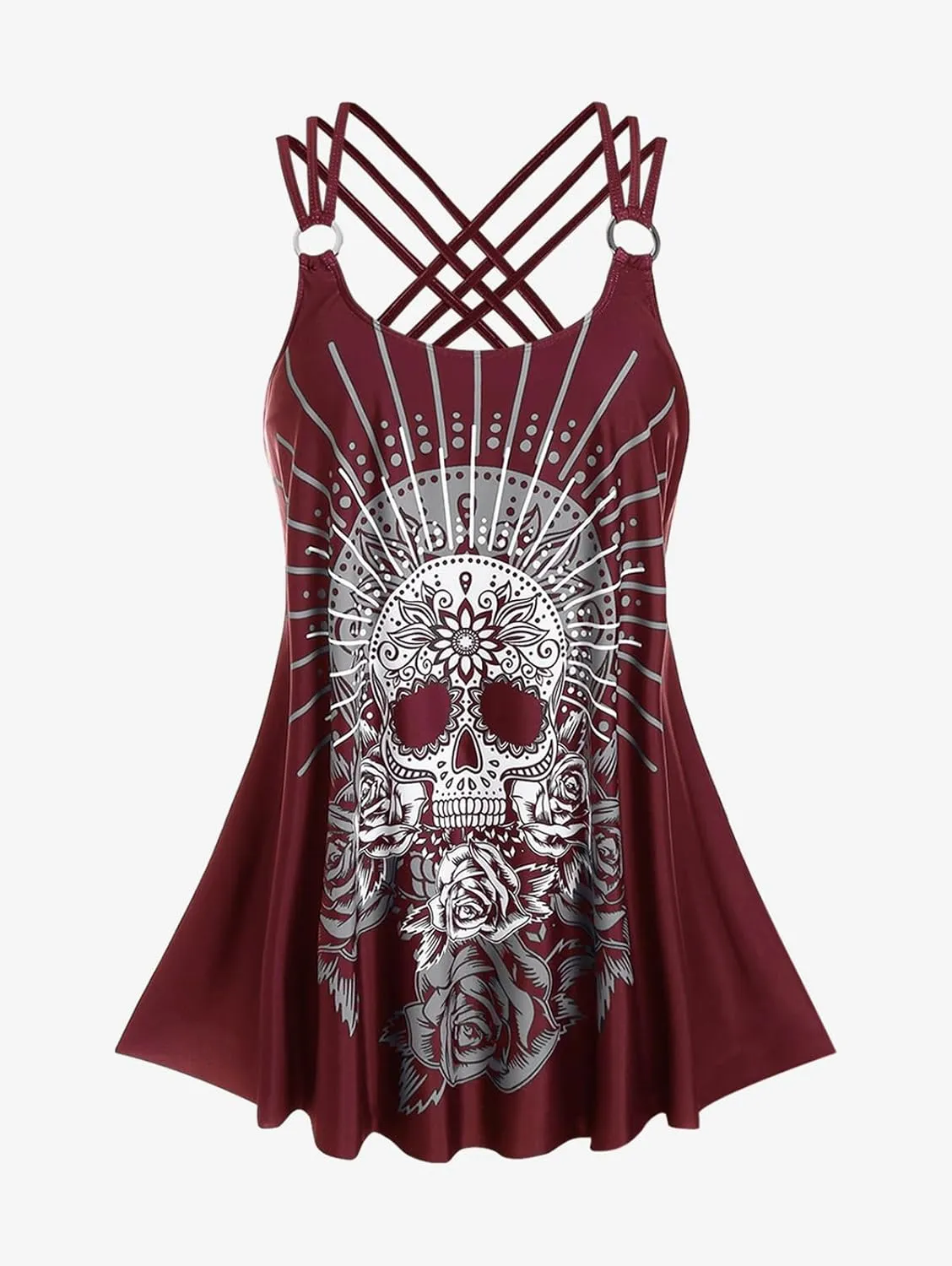 Rosegal Womens Plus Size Modest Skull Rose Print Rings Crisscross Boyshorts Tankini Swimsuit Set