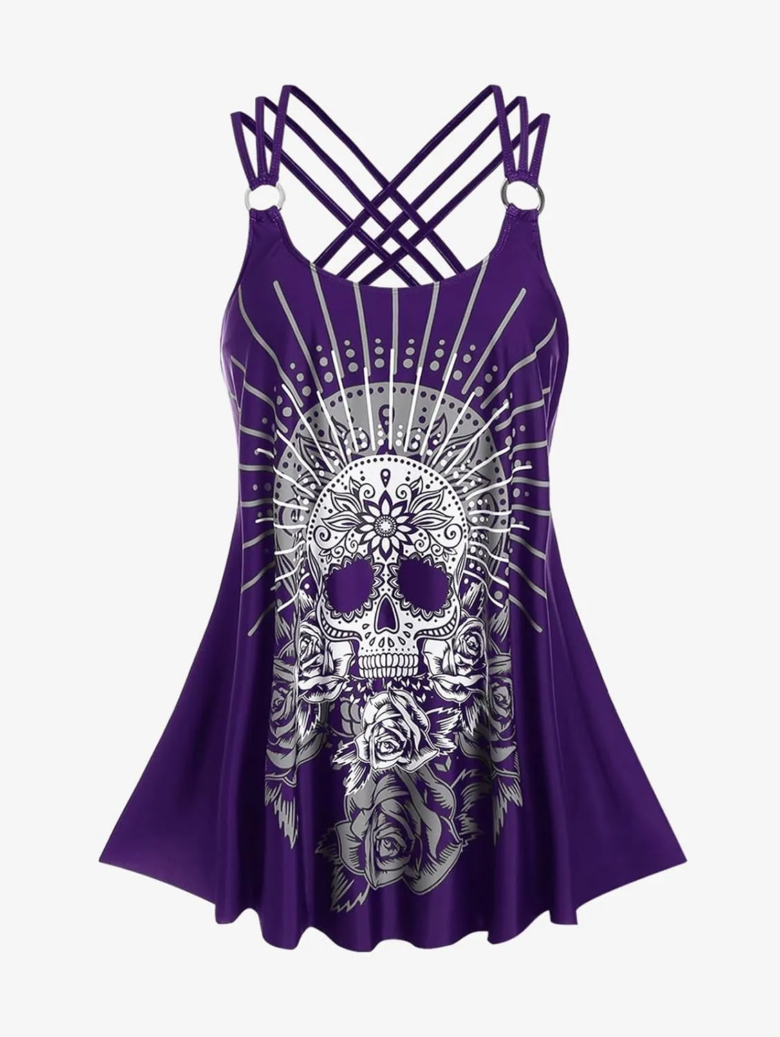 Rosegal Womens Plus Size Modest Skull Rose Print Rings Crisscross Boyshorts Tankini Swimsuit Set