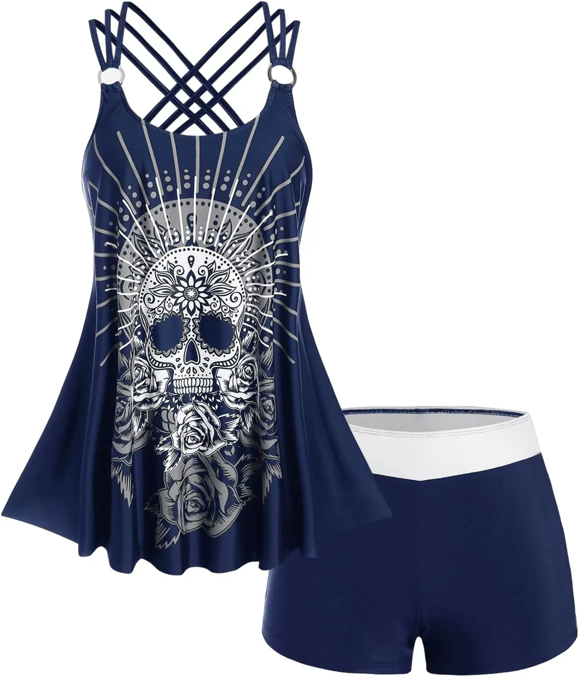 Rosegal Womens Plus Size Modest Skull Rose Print Rings Crisscross Boyshorts Tankini Swimsuit Set