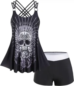Rosegal Womens Plus Size Modest Skull Rose Print Rings Crisscross Boyshorts Tankini Swimsuit Set