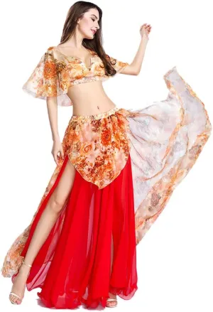 ROYAL SMEELA Belly Dance Costume Set for Women Chiffon Belly Dancing Skirt and Tops Sexy Dancing Dress Outfit One Size