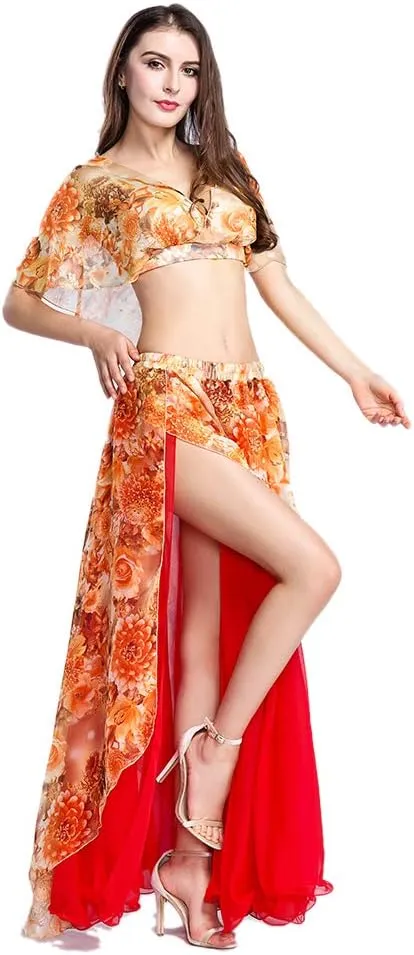 ROYAL SMEELA Belly Dance Costume Set for Women Chiffon Belly Dancing Skirt and Tops Sexy Dancing Dress Outfit One Size