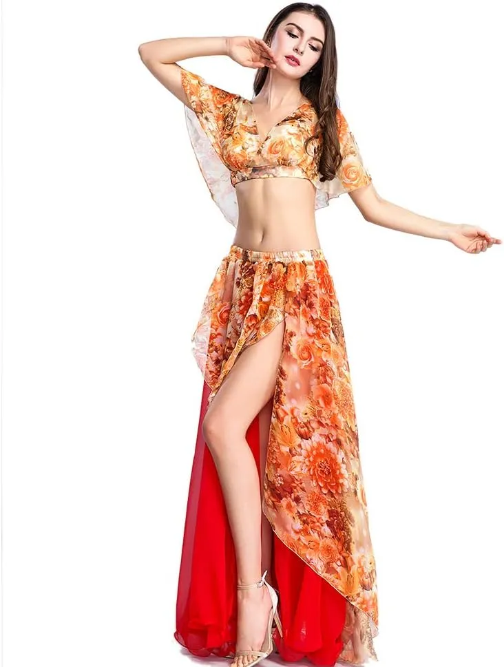 ROYAL SMEELA Belly Dance Costume Set for Women Chiffon Belly Dancing Skirt and Tops Sexy Dancing Dress Outfit One Size