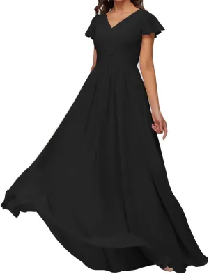 Ruffle Sleeve Prom Dresses V Neck Juniors Bridesmaid Dress Pleated Chiffon Formal Evening Maxi Gowns EZ136