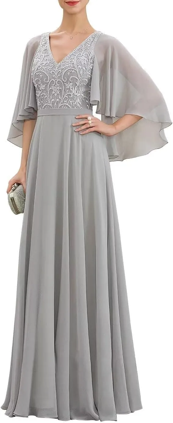 Ruffles Sleeves Mother of The Bride Dresses for Wedding Lace Appliques Chiffon Long Formal Evening Dress