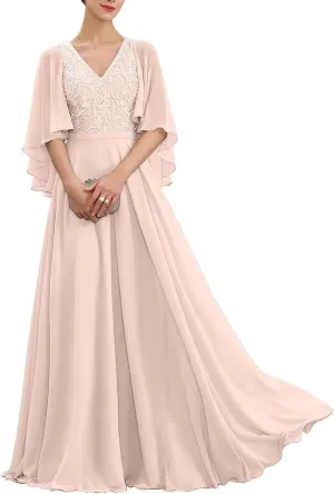 Ruffles Sleeves Mother of The Bride Dresses for Wedding Lace Appliques Chiffon Long Formal Evening Dress