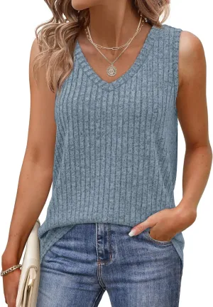 Saloogoe Tank Tops for Women 2025 V Neck Summer Sweaters Vest Lightweight Curved Hem Spring Beach Fashion