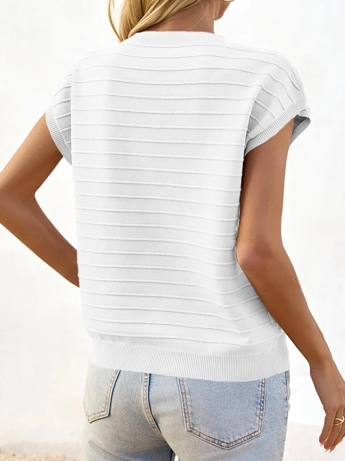 Saodimallsu Womens Cap Sleeve Summer Tops Crew Neck Casual Loose Knit Sweater Tshirts with Pocket
