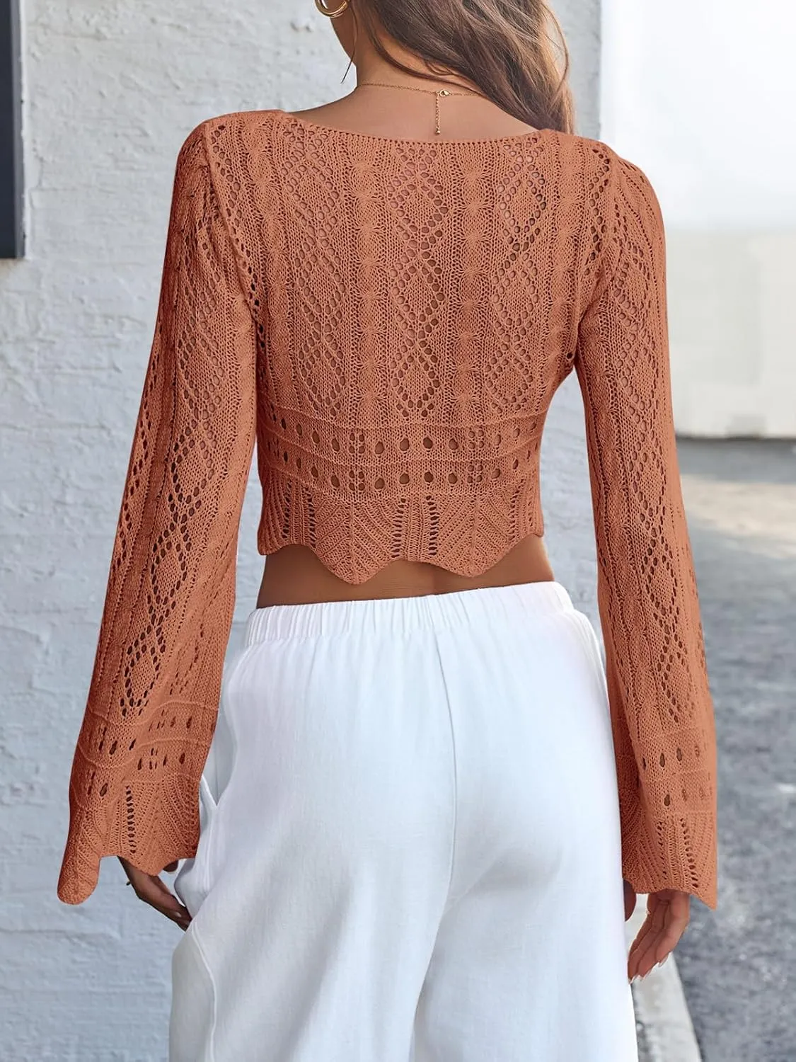 Saodimallsu Womens Crochet Crop Tops Tie Front Bell Long Sleeve Cardigan V Neck Lightweight Knit Shrug Sweaters