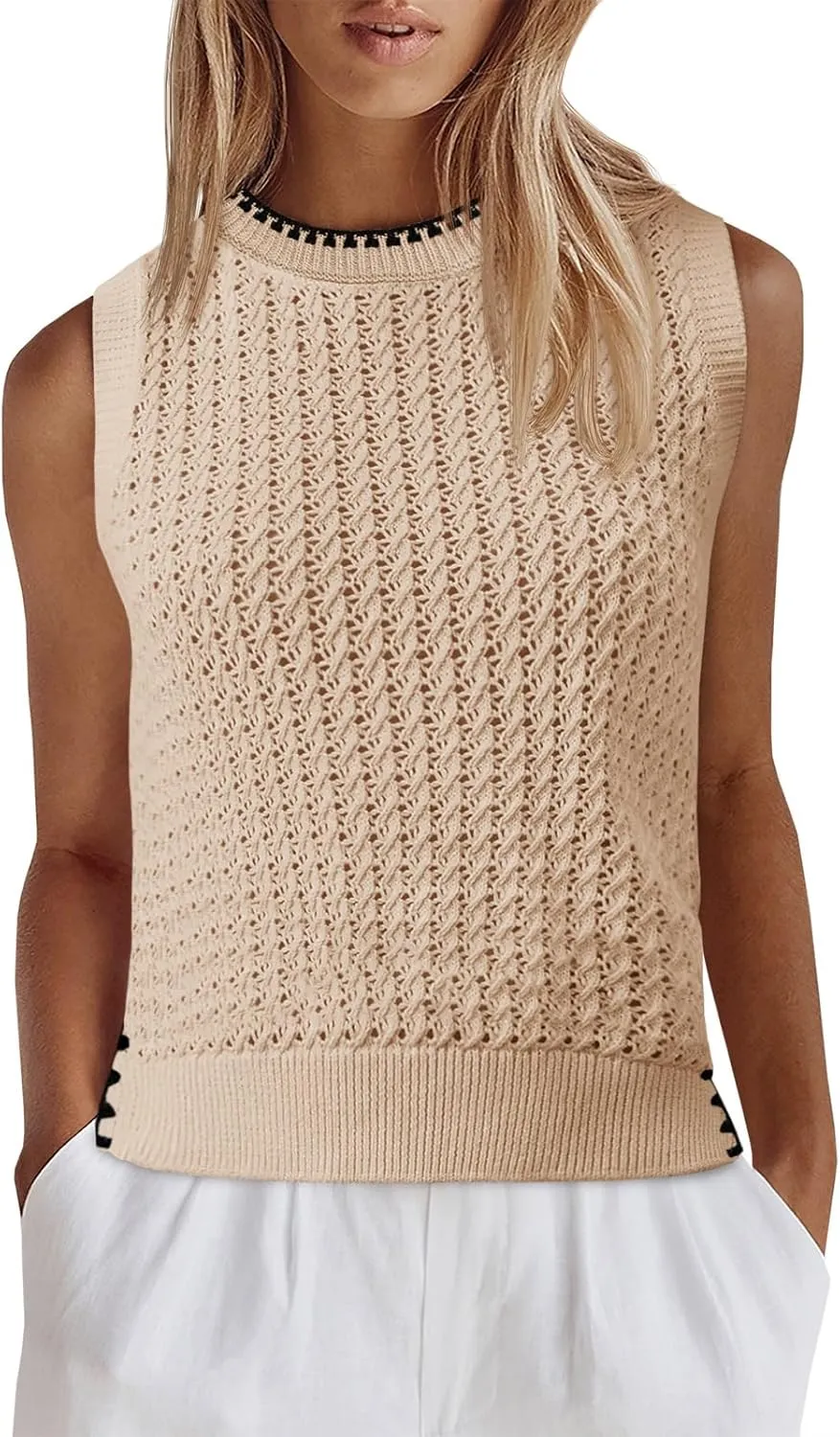 Saodimallsu Womens Sleeveless Knit Sweater Vest Crochet Color Block Stitched Crew Neck Cropped Casual Tops