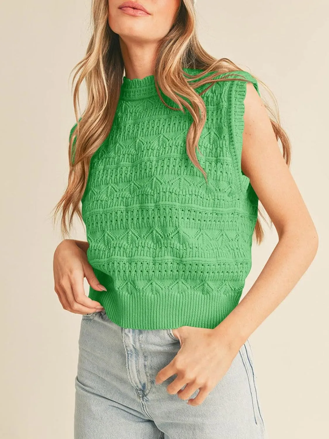 Saodimallsu Womens Sleeveless Sweater Vest High Neck Eyelet Knit Summer Going Out Trendy Casual Scalloped Tank Tops