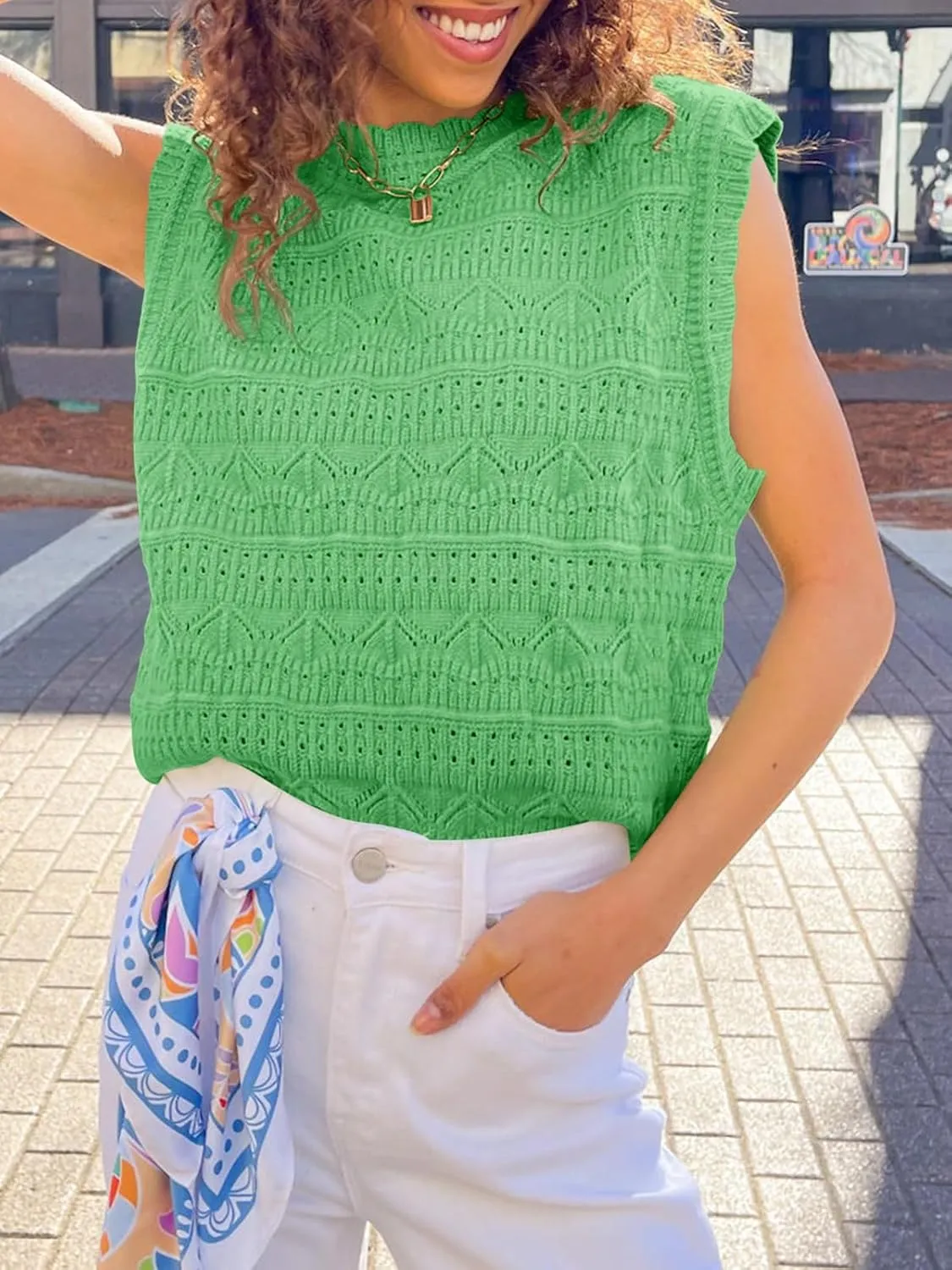 Saodimallsu Womens Sleeveless Sweater Vest High Neck Eyelet Knit Summer Going Out Trendy Casual Scalloped Tank Tops