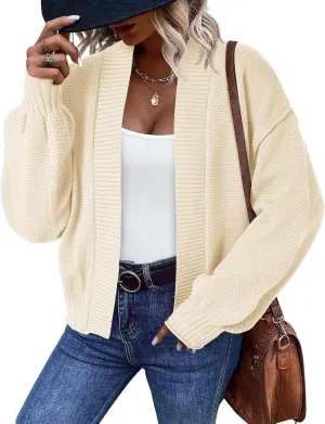 Saodimallsu Womens Waffle Knit Cardigan Puff Long Sleeve Oversized Casual Short Open Front Sweater