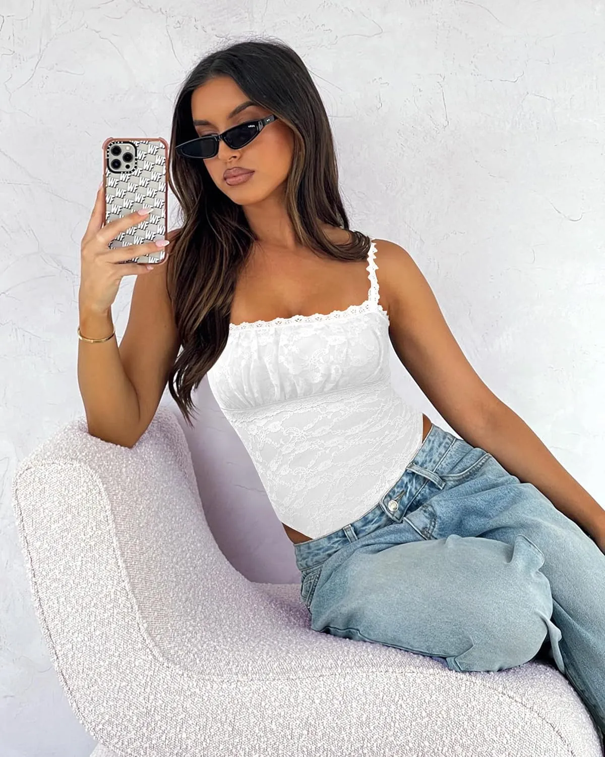 Saslax Women's Sexy Square Neck Lace Sleeveless Bodysuit Tank Tops Double Lined Body Suit Thong Outfits
