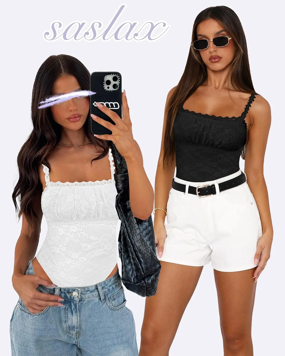 Saslax Women's Sexy Square Neck Lace Sleeveless Bodysuit Tank Tops Double Lined Body Suit Thong Outfits