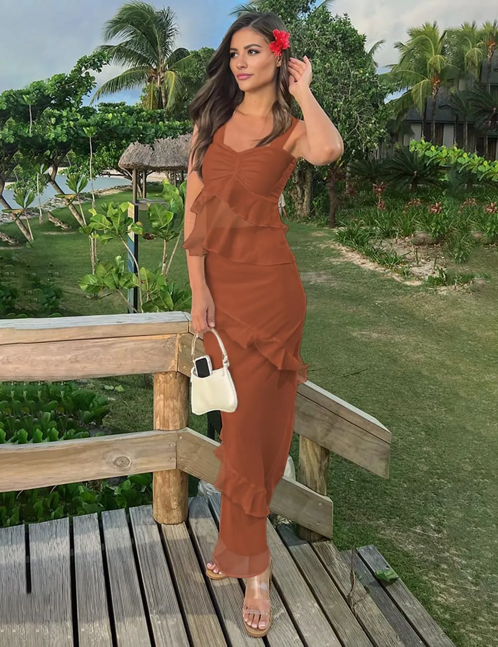 SEBOWEL Women's Ruffled Shoulder Strap Mesh Overlay Bodycon Elegant Long Maxi Dress with Layered Flounce Detail