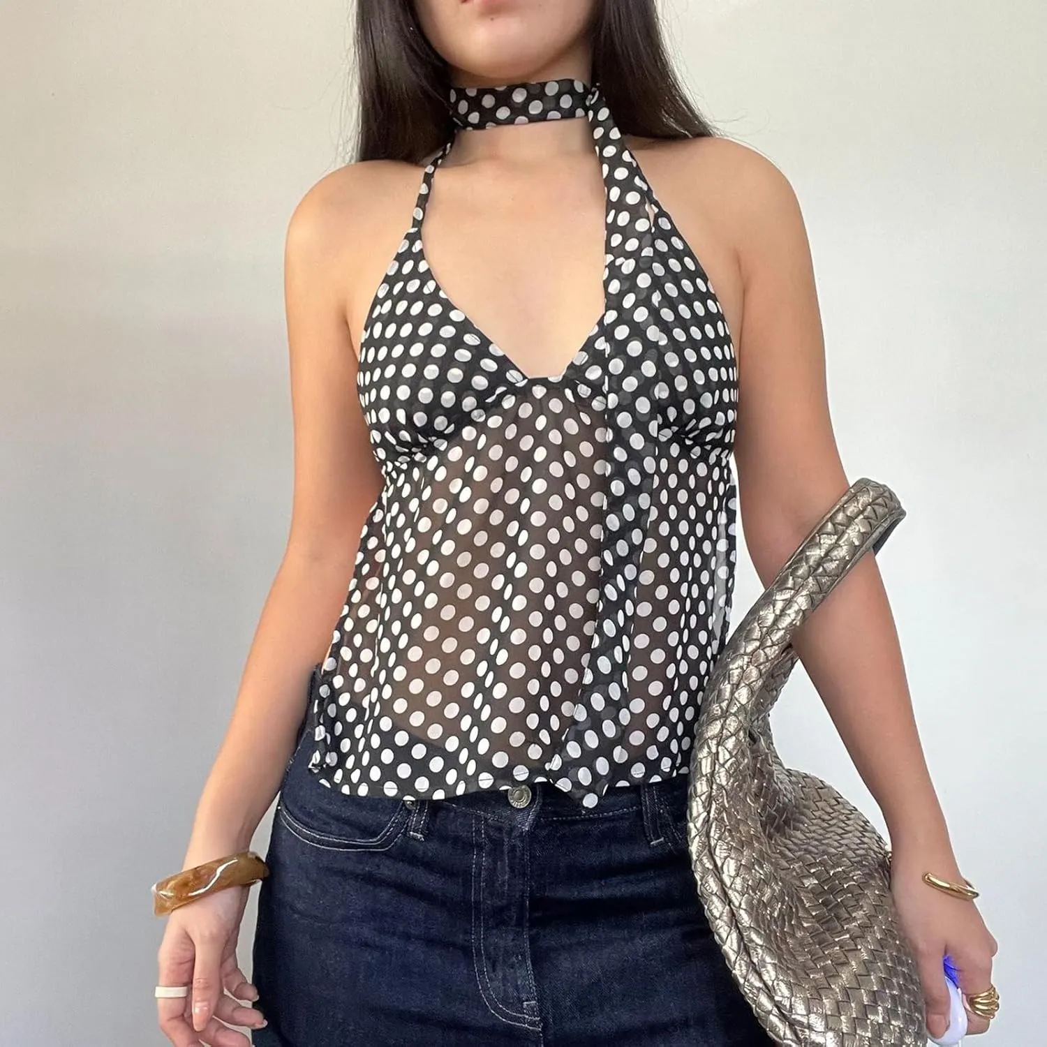 Sexy Backless Tops for Women Y2K Polka Dot Print Deep V Neck Halter Tie Back Camisole Spaghetti Strap Going Out Tops