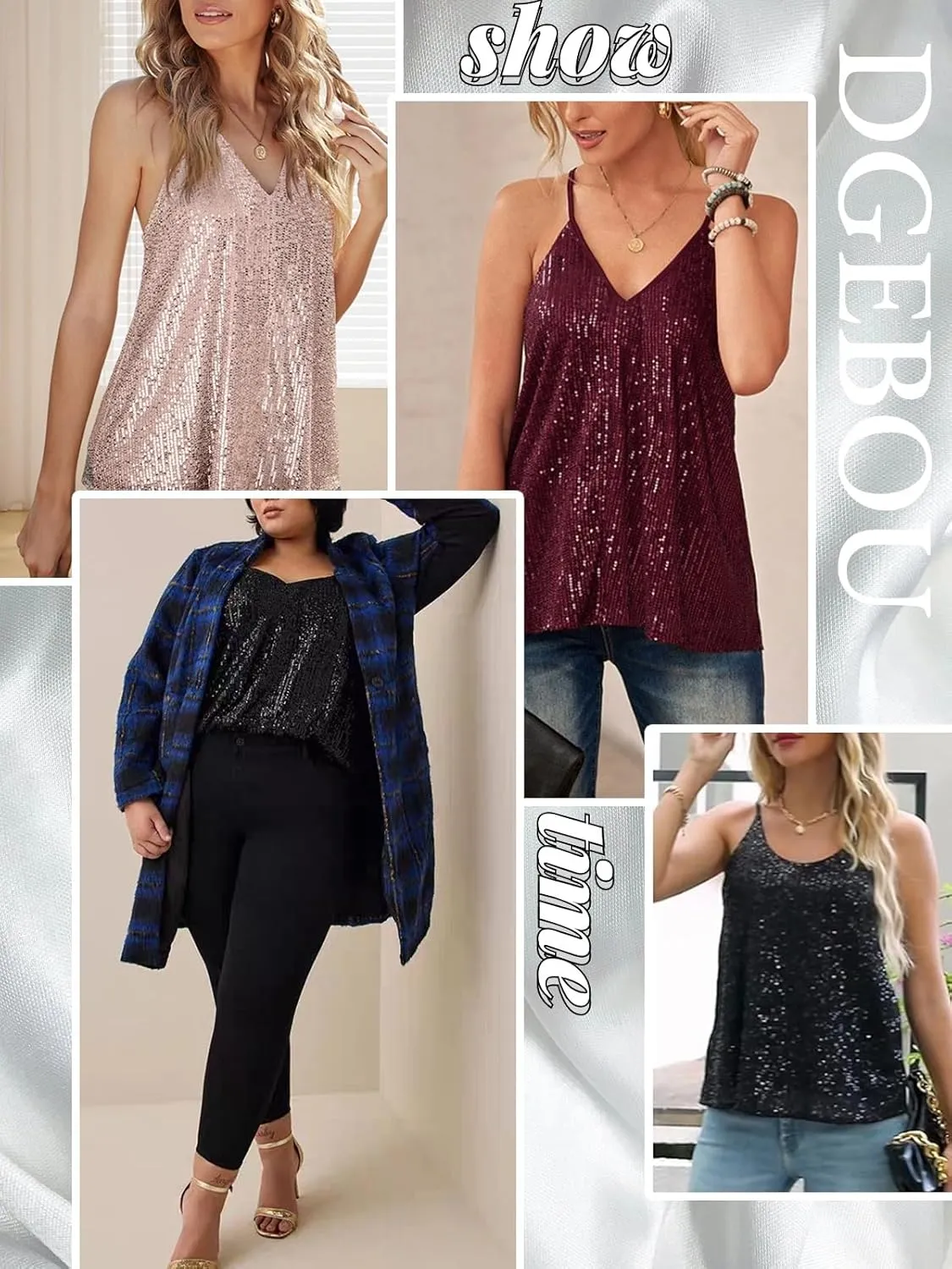 Sexy Sequin Tops for Women, Cute V Neck Glitter Cami Top Club Party Disco Sparkly Shimmer Camisole