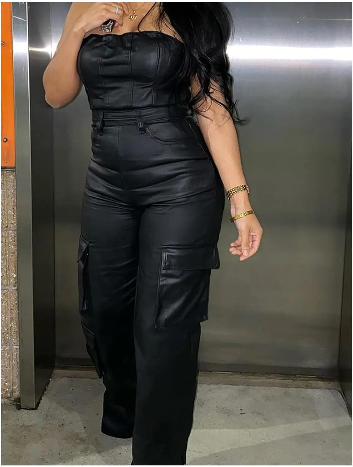Sexyshine Women's Faux PU Leather Jumpsuit Sexy Off Shoulder High Waist Wide Leg Cargo Pants Long Rompers Overalls