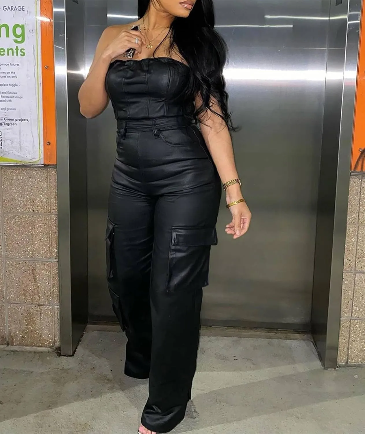 Sexyshine Women's Faux PU Leather Jumpsuit Sexy Off Shoulder High Waist Wide Leg Cargo Pants Long Rompers Overalls