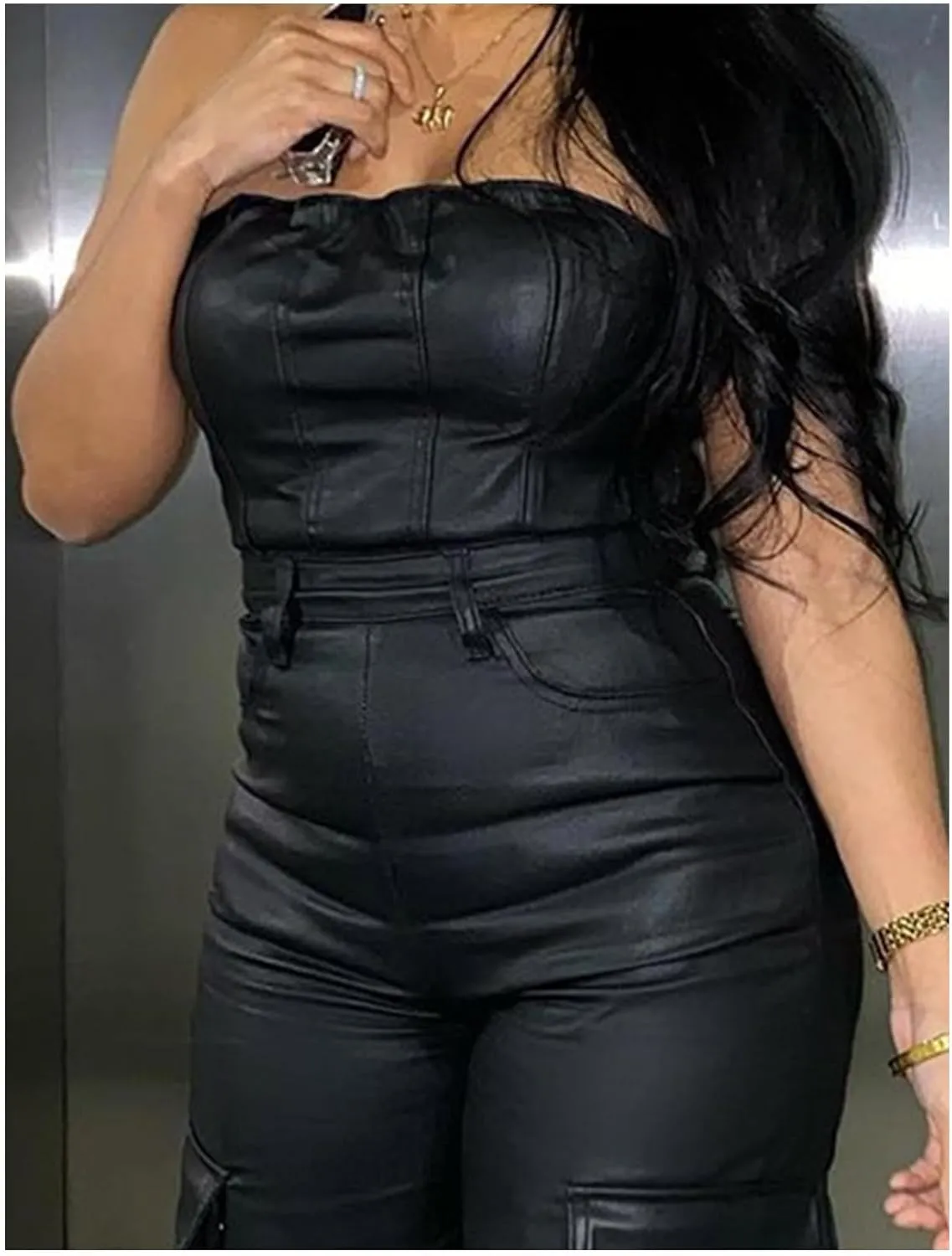 Sexyshine Women's Faux PU Leather Jumpsuit Sexy Off Shoulder High Waist Wide Leg Cargo Pants Long Rompers Overalls