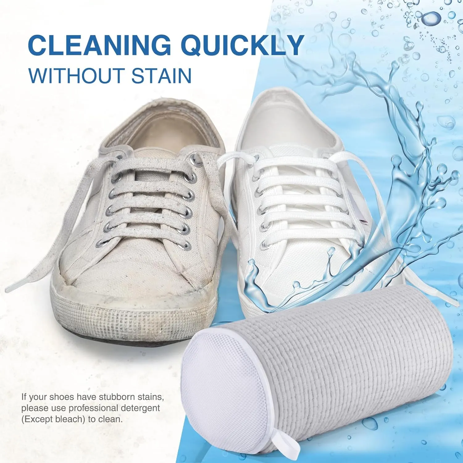 Shoe Laundry Bags for Washing Machine, 2024 New Reusable Laundry Shoe Bag for Washer and Dryer, Fluffy Fibers 360 Wrap-Around Cleaning, 2 Pairs Adjustable Shoe Trees for All Shoes, Gray