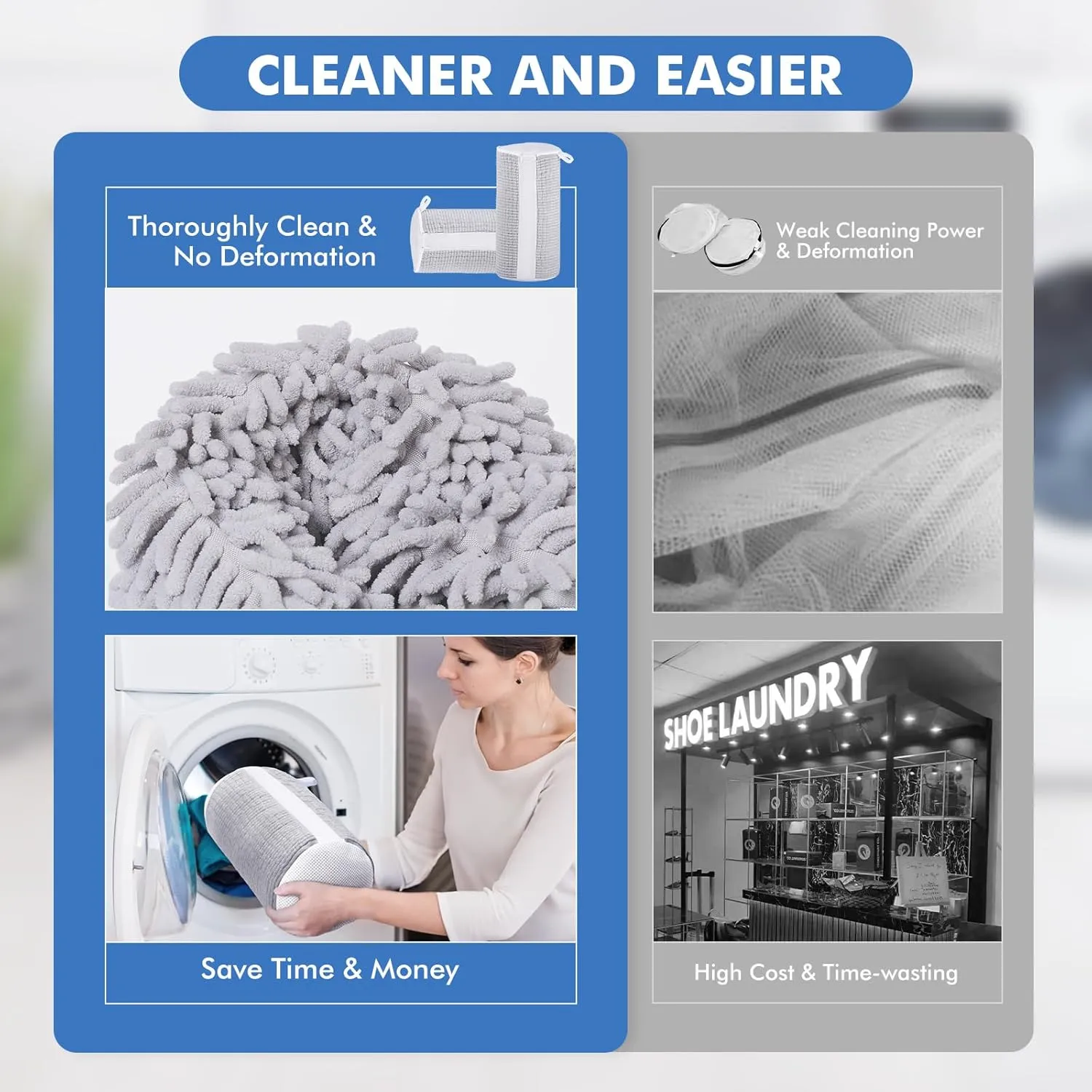 Shoe Laundry Bags for Washing Machine, 2024 New Reusable Laundry Shoe Bag for Washer and Dryer, Fluffy Fibers 360 Wrap-Around Cleaning, 2 Pairs Adjustable Shoe Trees for All Shoes, Gray