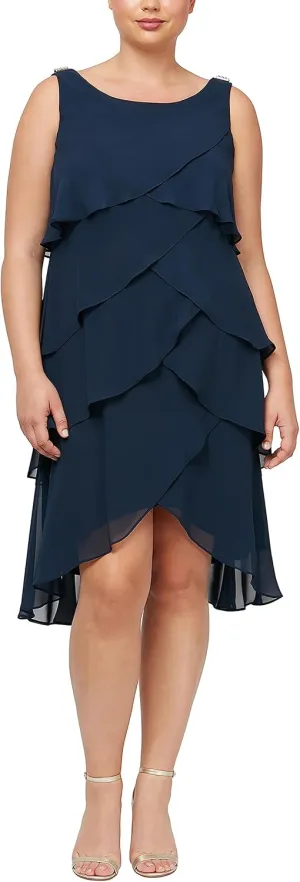 S.L. Fashions Women's Plus-Size Solid Multi-Tier Embellished Shoulder Dress