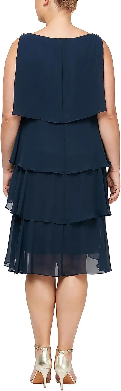 S.L. Fashions Women's Plus-Size Solid Multi-Tier Embellished Shoulder Dress