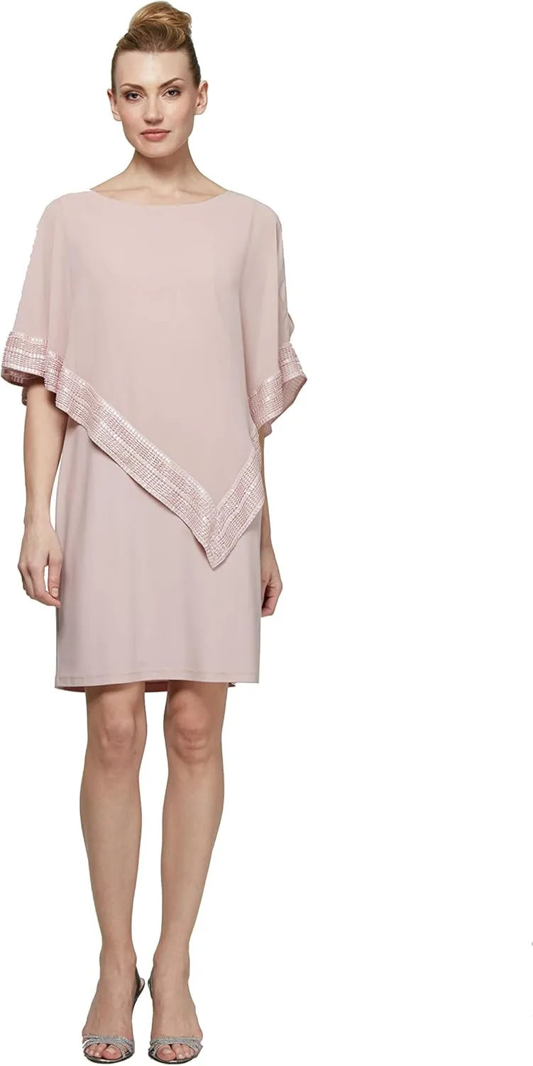 S.L. Fashions Women's Short Capelet Overlay Dress with Metallic Trim