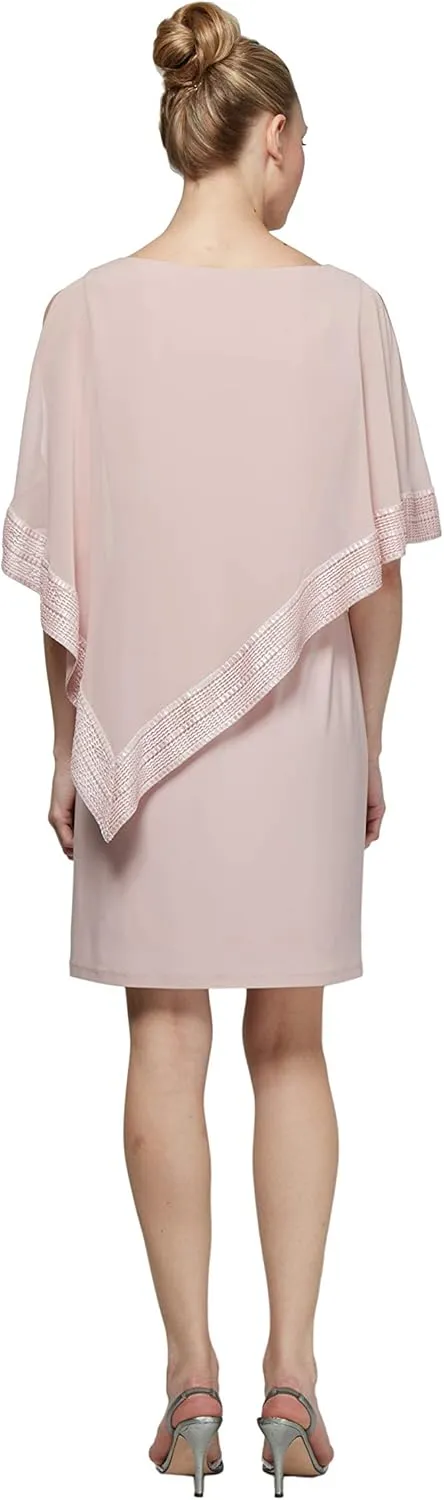 S.L. Fashions Women's Short Capelet Overlay Dress with Metallic Trim