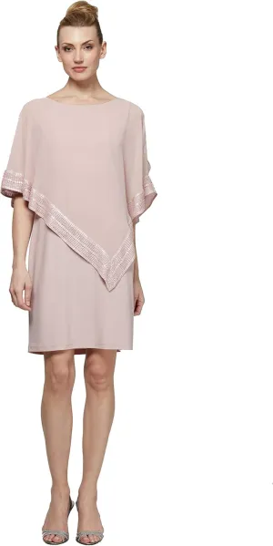 S.L. Fashions Women's Short Capelet Overlay Dress with Metallic Trim