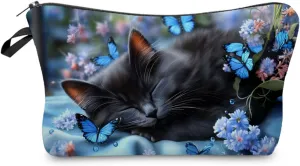 Sleeping Kitten Makeup Bag Cute Small Organizer Zipper Pouch Blue Butterfly Cosmetic Bag Birthday Present for Cat Lovers Women Friends