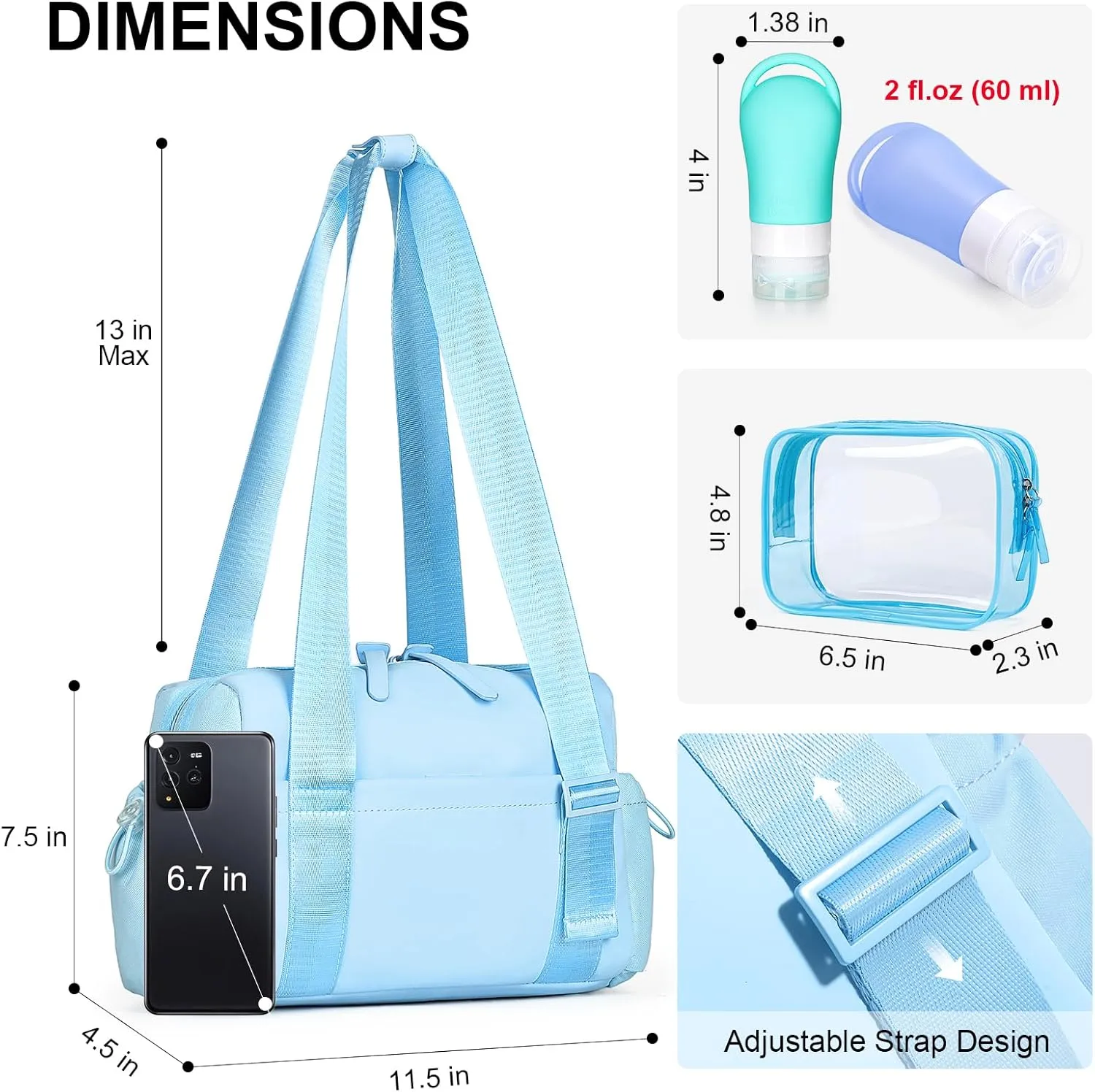 Small Gym Bag for Women - Mini Gym Duffle Bag 4 PCS Set with Wet Compartment, Small Travel Tote Cute Workout Sport Bag with Toiletry Cosmetic Silicone Travel Bottles