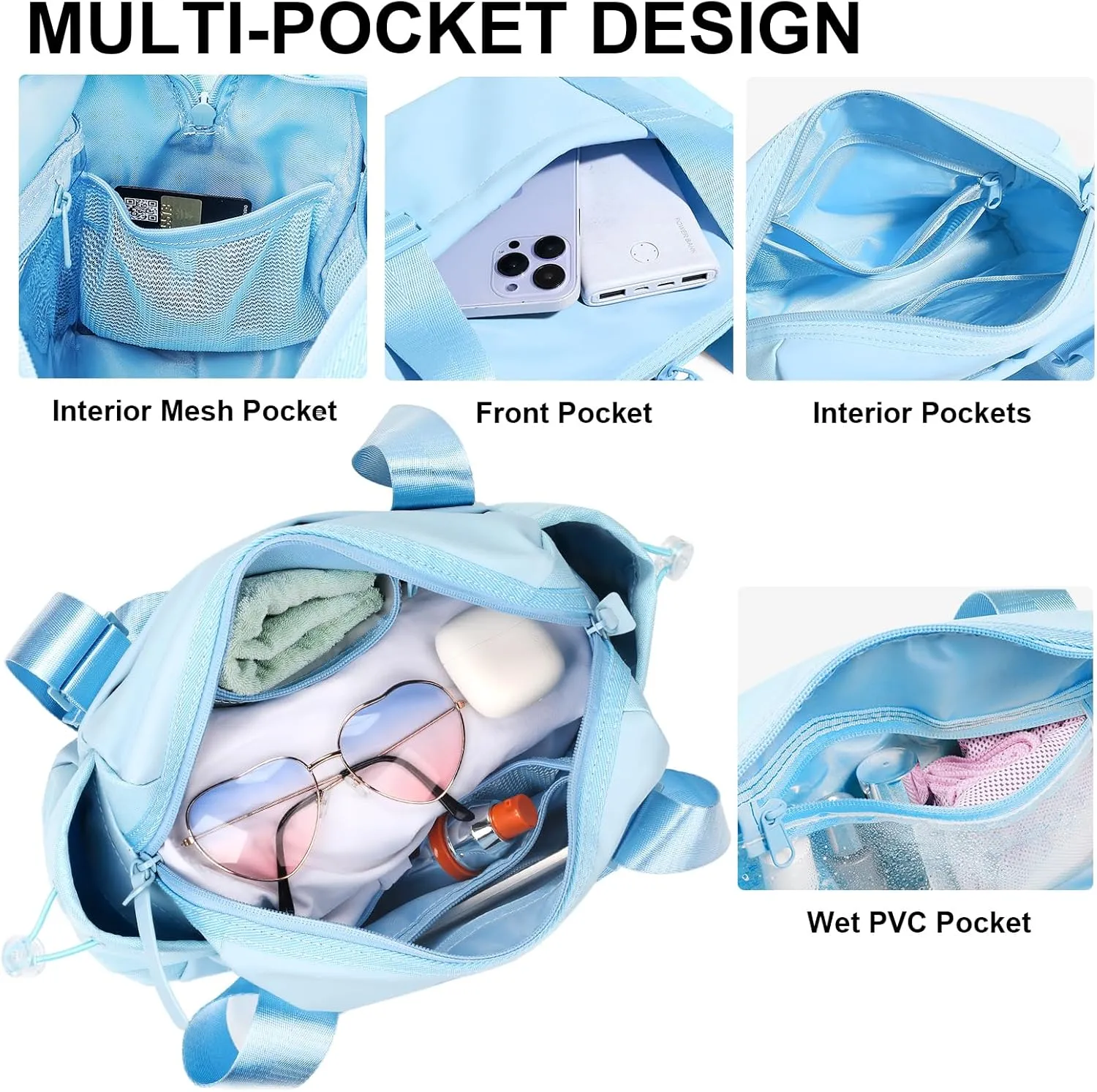 Small Gym Bag for Women - Mini Gym Duffle Bag 4 PCS Set with Wet Compartment, Small Travel Tote Cute Workout Sport Bag with Toiletry Cosmetic Silicone Travel Bottles