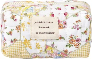 Small Quilted Cotton Makeup bag, Cute Floral Cosmetic bag, Cotton Aesthetic Makeup Pouch, Large Capacity Travel Toiletry Bag for Women and Girls (Z02#Yellow Flower)