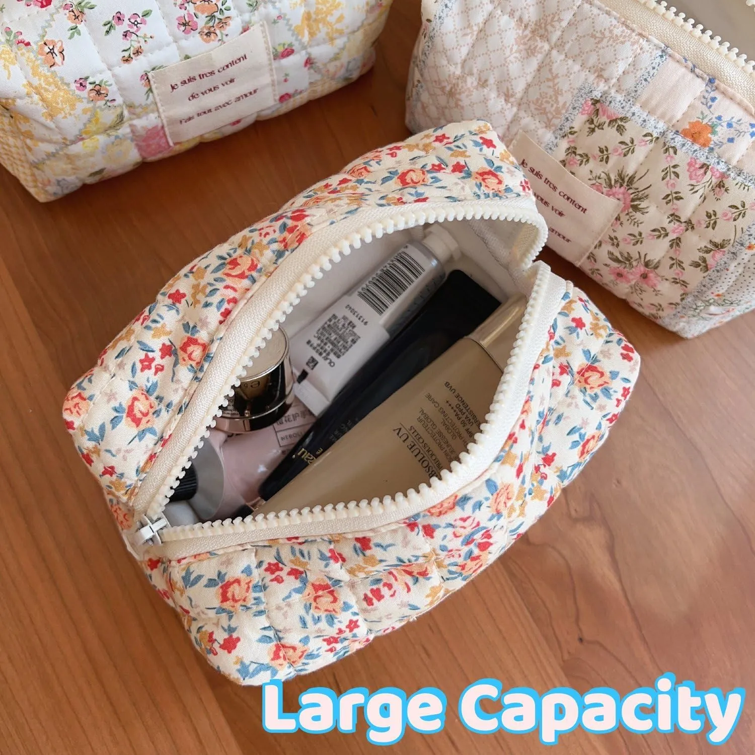 Small Quilted Cotton Makeup bag, Cute Floral Cosmetic bag, Cotton Aesthetic Makeup Pouch, Large Capacity Travel Toiletry Bag for Women and Girls (Z02#Yellow Flower)